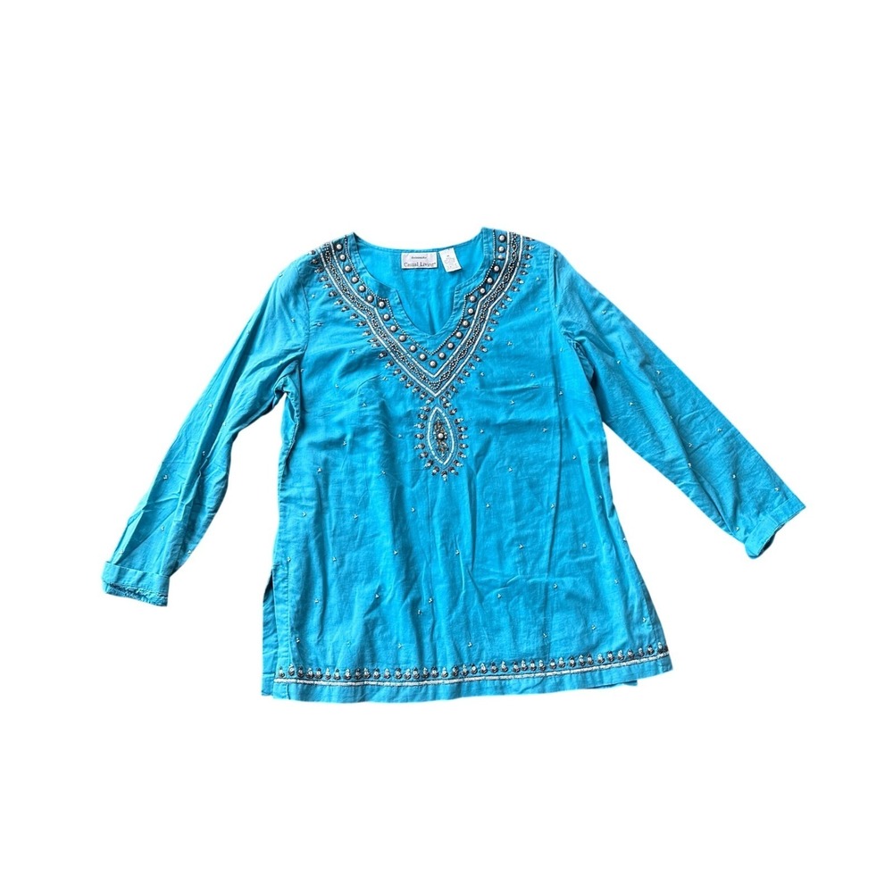 Casual Living Turquoise Beaded Sequin Cotton Tunic Top Teal Womens Medium